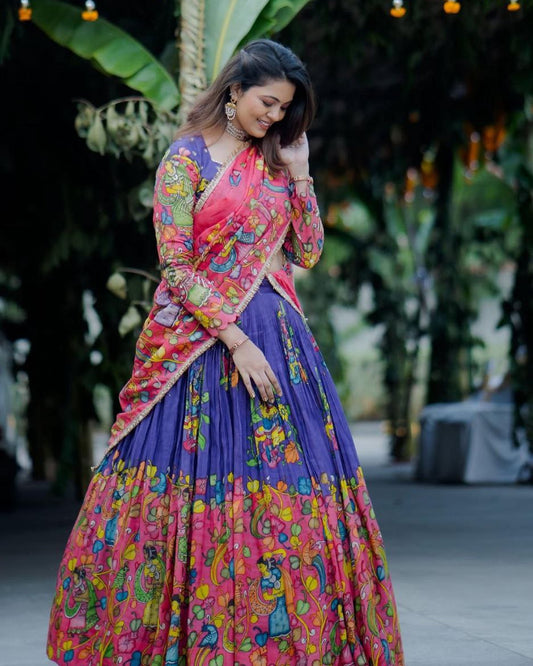 Kalamkari Cotton Lehenga Choli with Embroidered Dupatta | Party Wear Ethnic Set