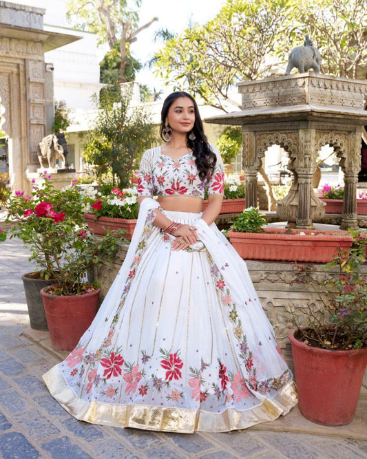 White Georgette Lehenga Choli with Embroidery & Sequins | Party Wear Bridal Set