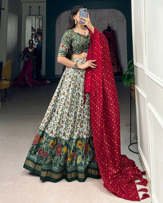 Tussar Silk Floral Print Lehenga Choli with Foil Work & Dupatta | Party Wear Ethnic Set
