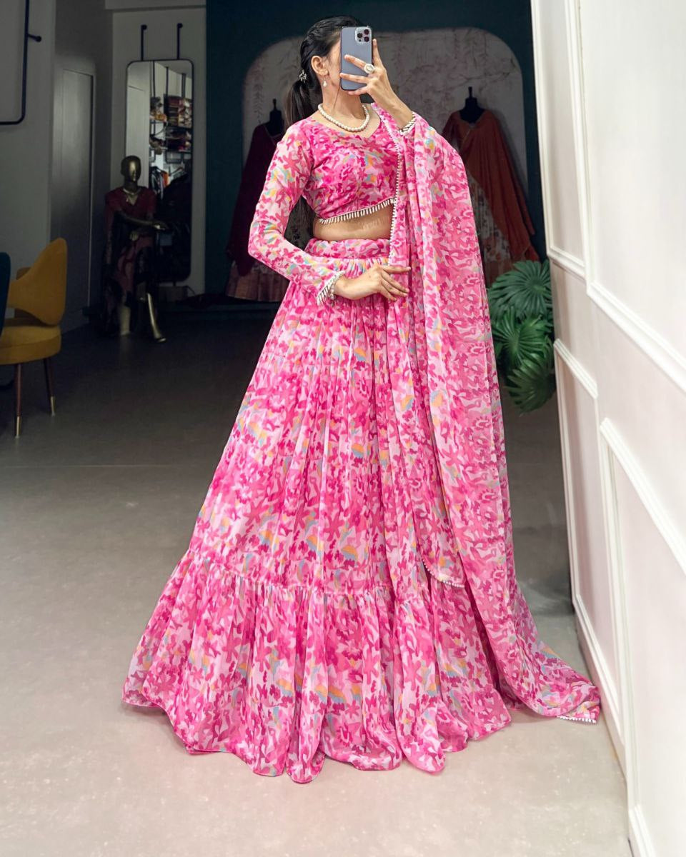 Wedding Collection 2025 Georgette Pink Lehenga Choli Set with Printed Blouse and Dupatta