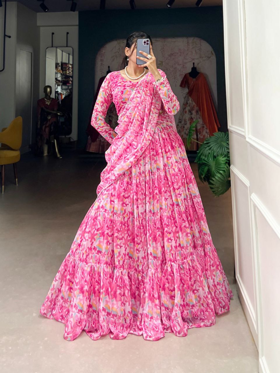 Wedding Collection 2025 Georgette Pink Lehenga Choli Set with Printed Blouse and Dupatta