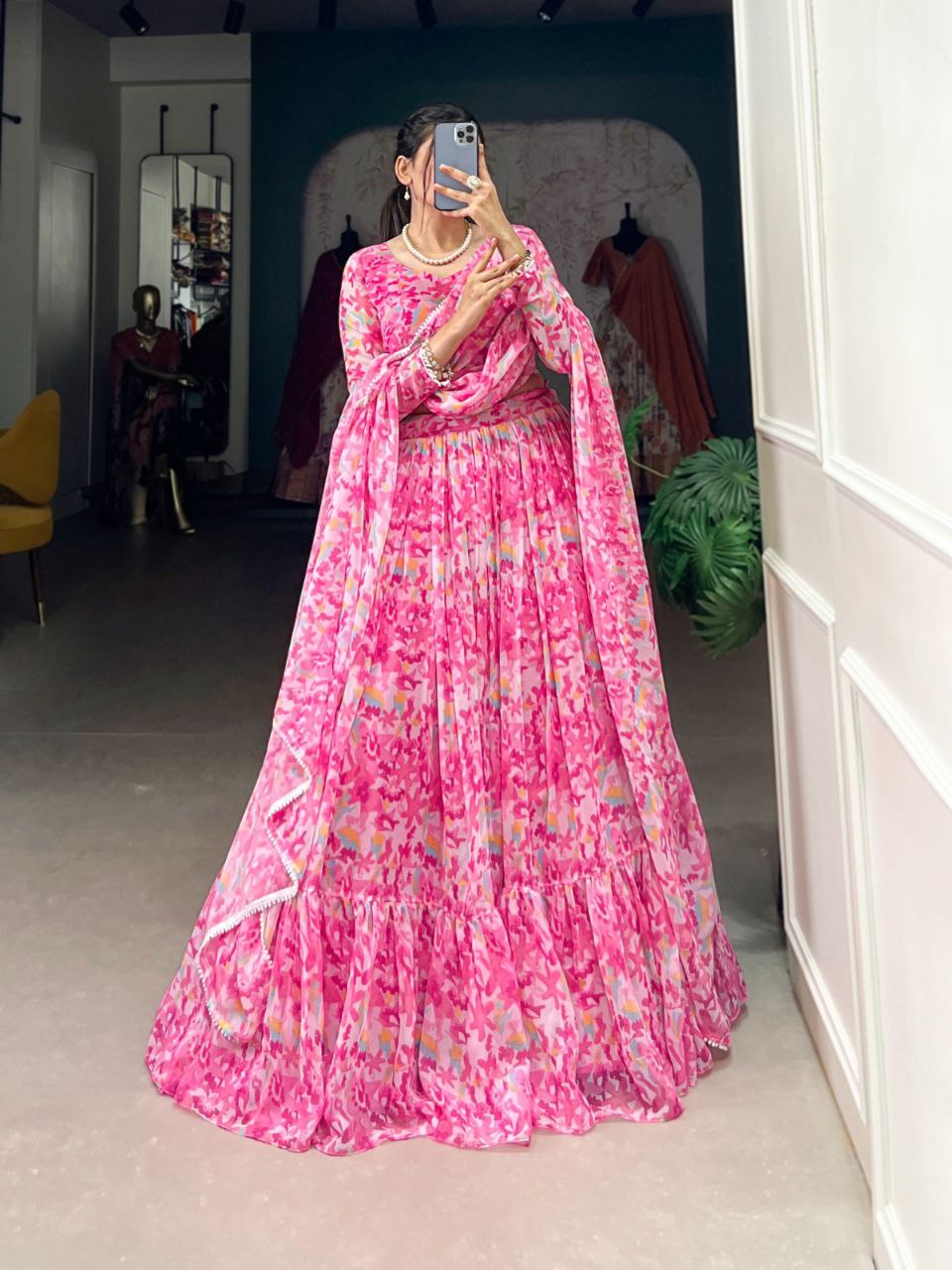 Wedding Collection 2025 Georgette Pink Lehenga Choli Set with Printed Blouse and Dupatta