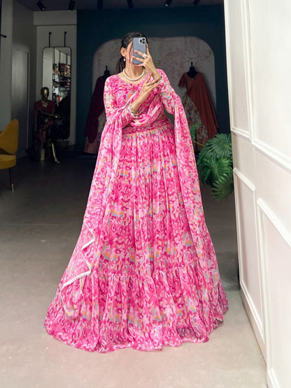 Wedding Collection 2025 Georgette Pink Lehenga Choli Set with Printed Blouse and Dupatta