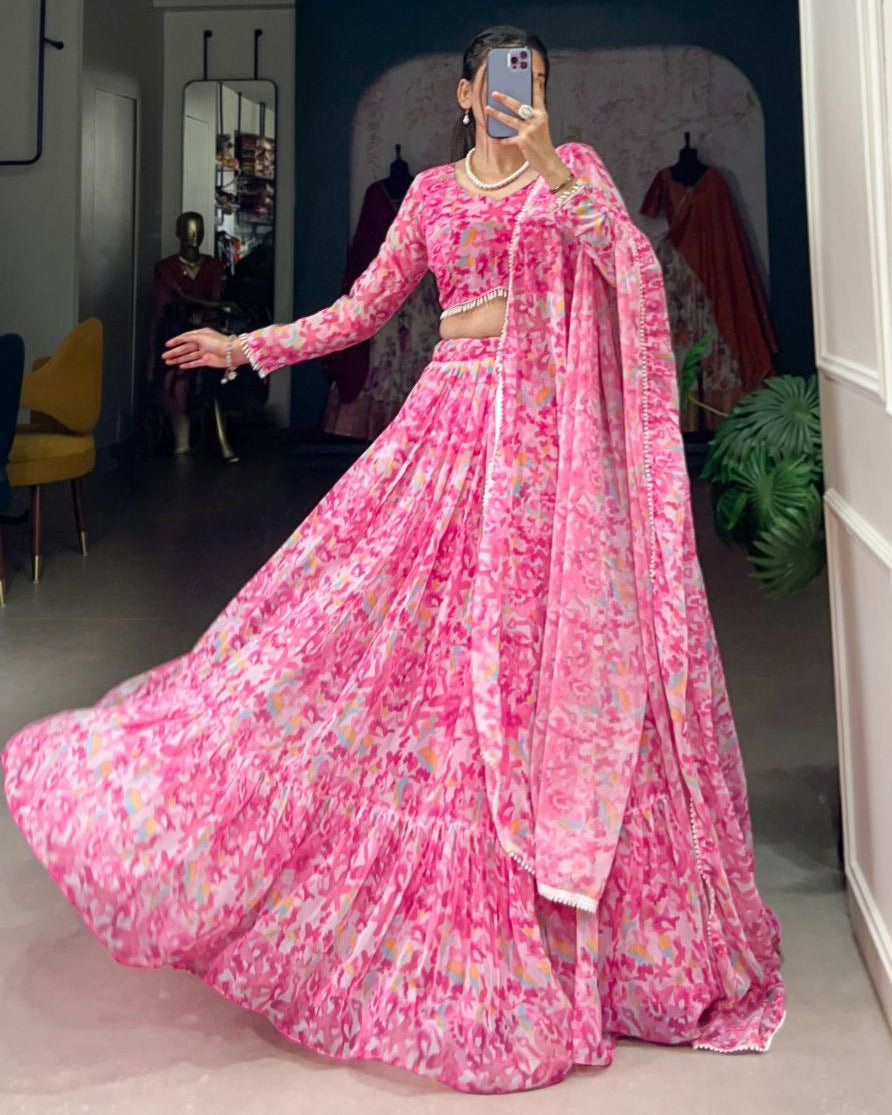 Wedding Collection 2025 Georgette Pink Lehenga Choli Set with Printed Blouse and Dupatta