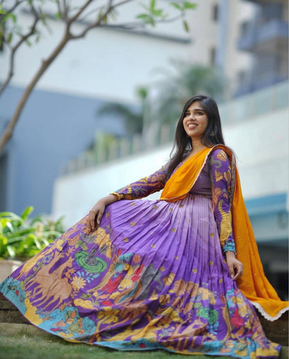 Party Wear Kalamkari Printed Cotton Lehenga Choli Set with Fox Georgette Dupatta