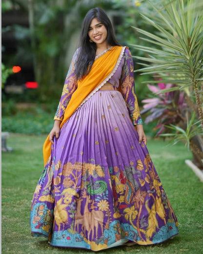 Party Wear Kalamkari Printed Cotton Lehenga Choli Set with Fox Georgette Dupatta