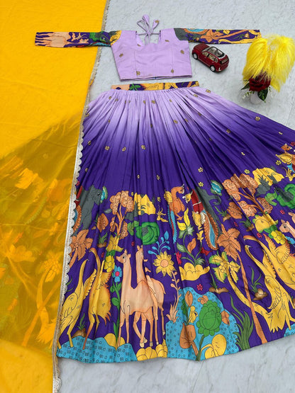 Party Wear Kalamkari Printed Cotton Lehenga Choli Set with Fox Georgette Dupatta