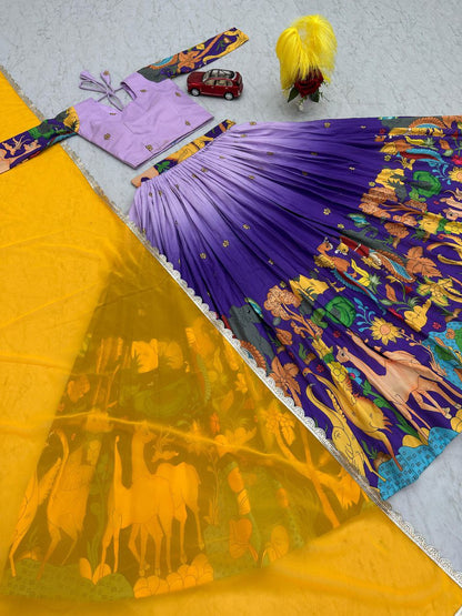 Party Wear Kalamkari Printed Cotton Lehenga Choli Set with Fox Georgette Dupatta