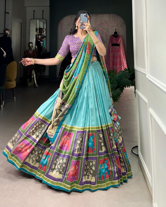 Party Wear Vaishnavi Tussar Silk Kalamkari Lehenga Choli Set with Gotta Patti Dupatta