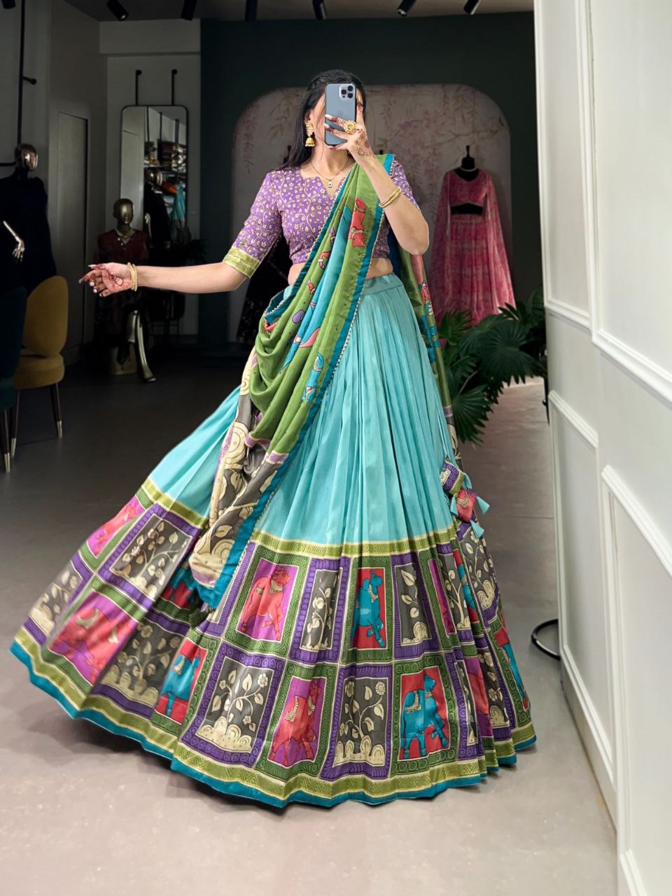 Party Wear Vaishnavi Tussar Silk Kalamkari Lehenga Choli Set with Gotta Patti Dupatta