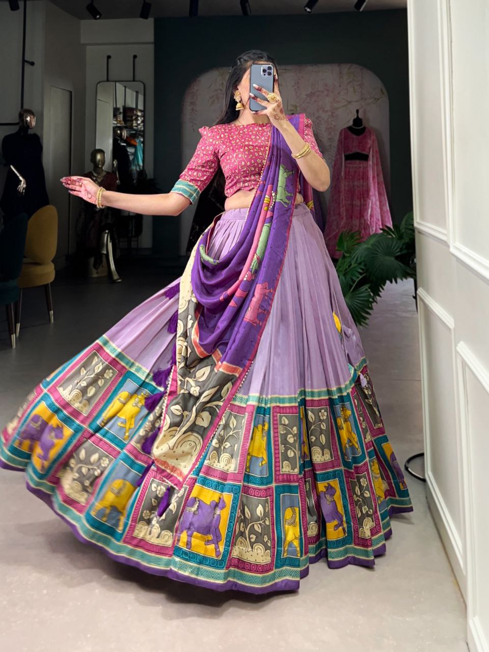 Party Wear Vaishnavi Tussar Silk Kalamkari Lehenga Choli Set with Gotta Patti Dupatta