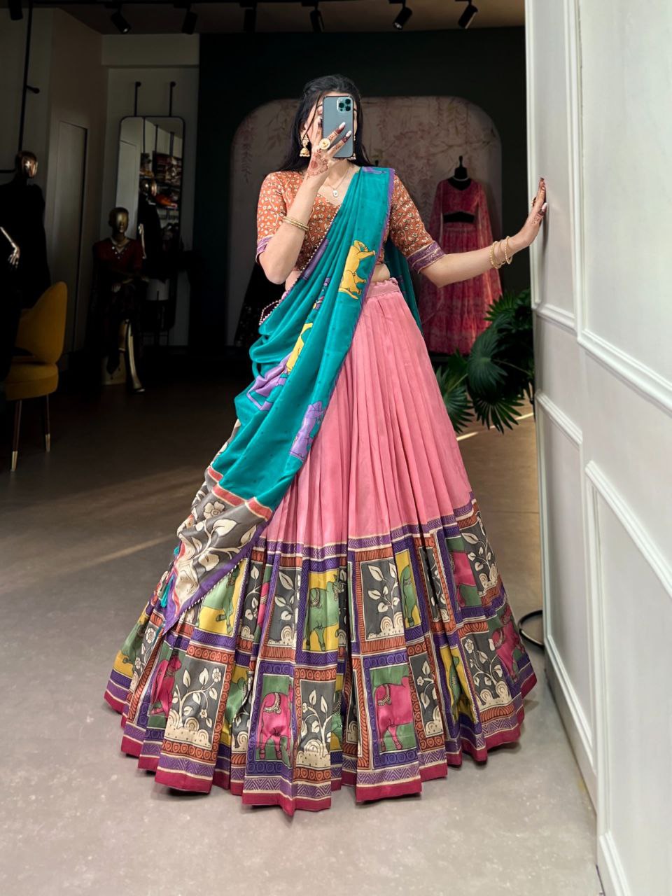 Party Wear Vaishnavi Tussar Silk Kalamkari Lehenga Choli Set with Gotta Patti Dupatta