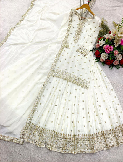 Party Wear Pure Cinon Silk Top-Lehenga Set with Embroidery and Ready to Wear Dupatta