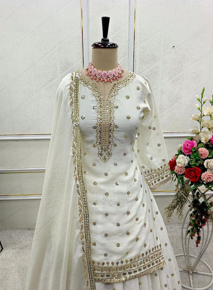 Party Wear Pure Cinon Silk Top-Lehenga Set with Embroidery and Ready to Wear Dupatta
