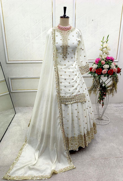 Party Wear Pure Cinon Silk Top-Lehenga Set with Embroidery and Ready to Wear Dupatta
