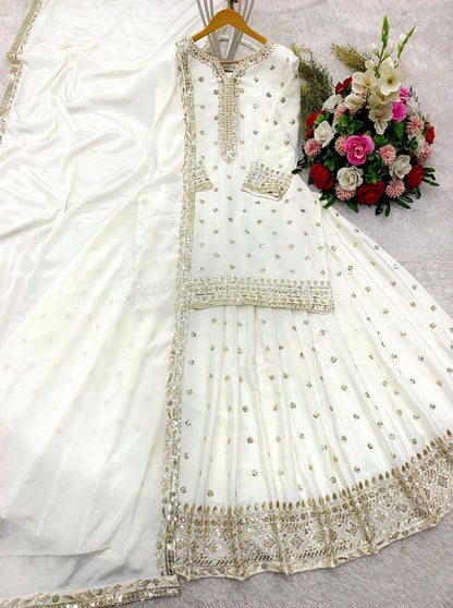 Party Wear Pure Cinon Silk Top-Lehenga Set with Embroidery and Ready to Wear Dupatta