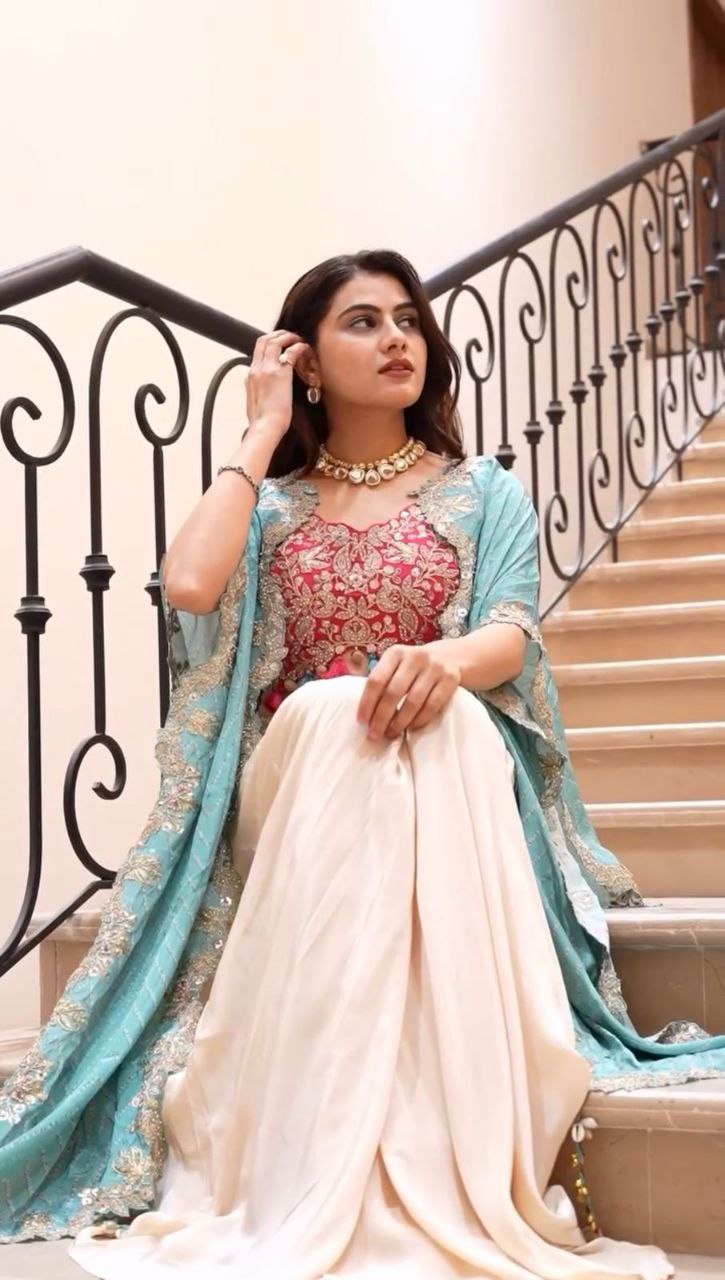 Party Wear Trendy Three-Piece Western Wedding Outfit with Sequence Embroidery and Shrug