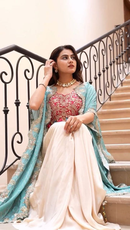 Party Wear Trendy Three-Piece Western Wedding Outfit with Sequence Embroidery and Shrug