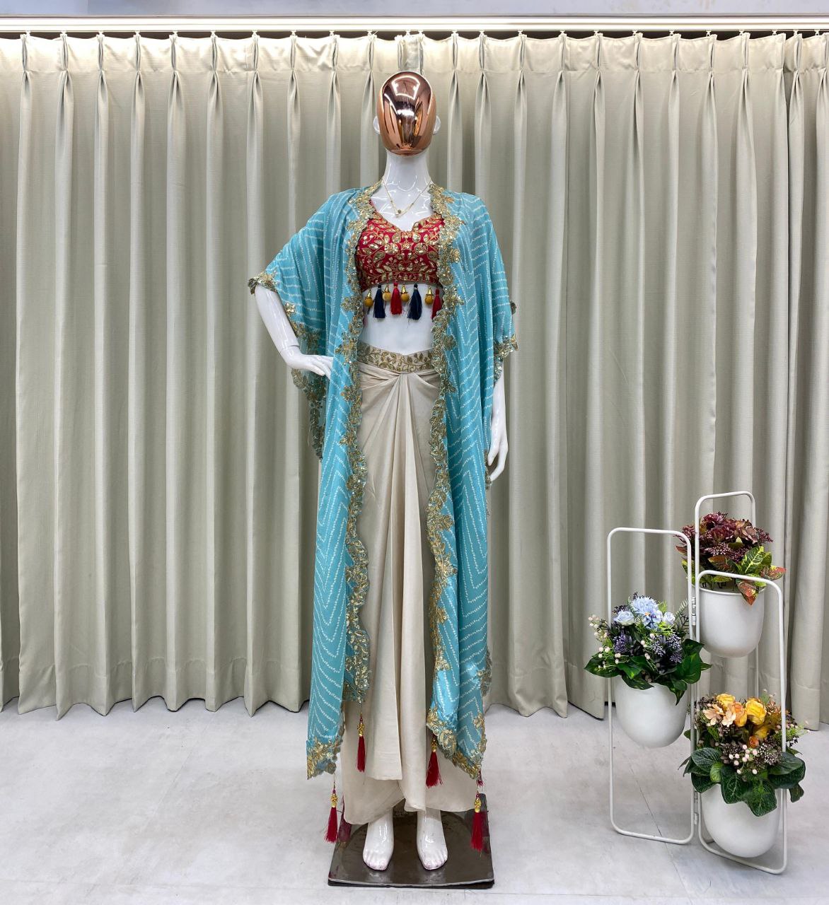 Party Wear Trendy Three-Piece Western Wedding Outfit with Sequence Embroidery and Shrug