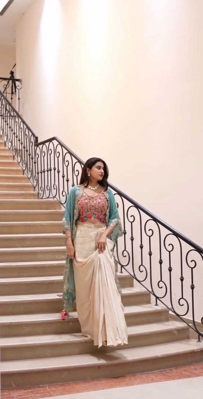 Party Wear Trendy Three-Piece Western Wedding Outfit with Sequence Embroidery and Shrug