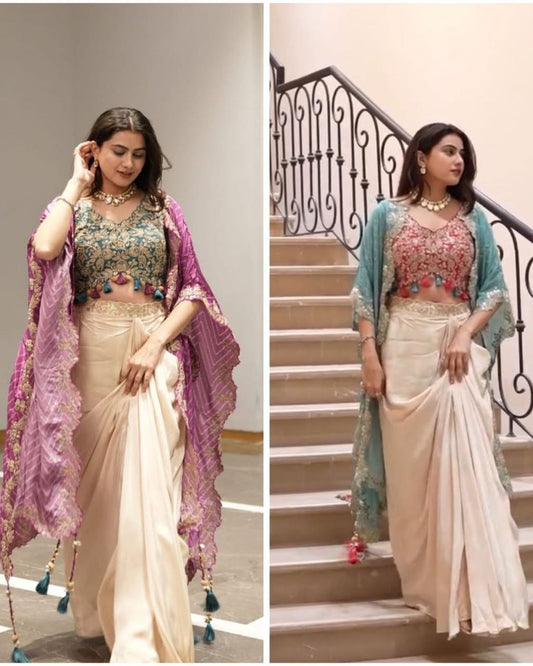 Party Wear Trendy Three-Piece Western Wedding Outfit with Sequence Embroidery and Shrug