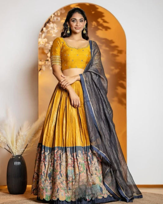Party Wear Kalamkari Printed Tissue Jari Lehenga Choli Set with Embroidered Dupatta