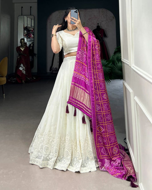 Lucknowi Paper Mirror Work Georgette Lehenga Choli with Gaji Silk Dupatta