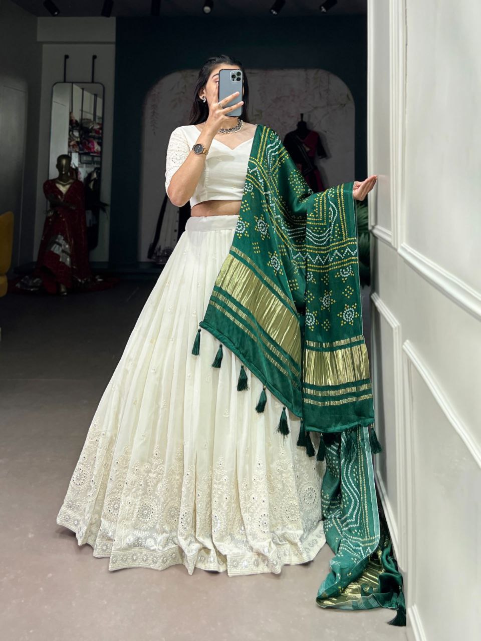 Lucknowi Paper Mirror Work Georgette Lehenga Choli with Gaji Silk Dupatta
