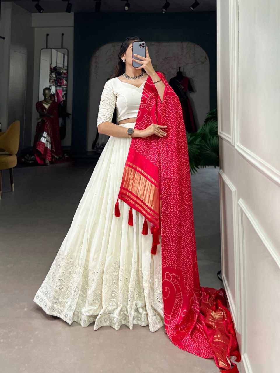 Lucknowi Paper Mirror Work Georgette Lehenga Choli with Gaji Silk Dupatta