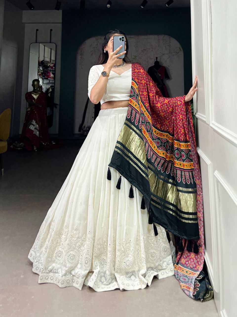 Lucknowi Paper Mirror Work Georgette Lehenga Choli with Gaji Silk Dupatta