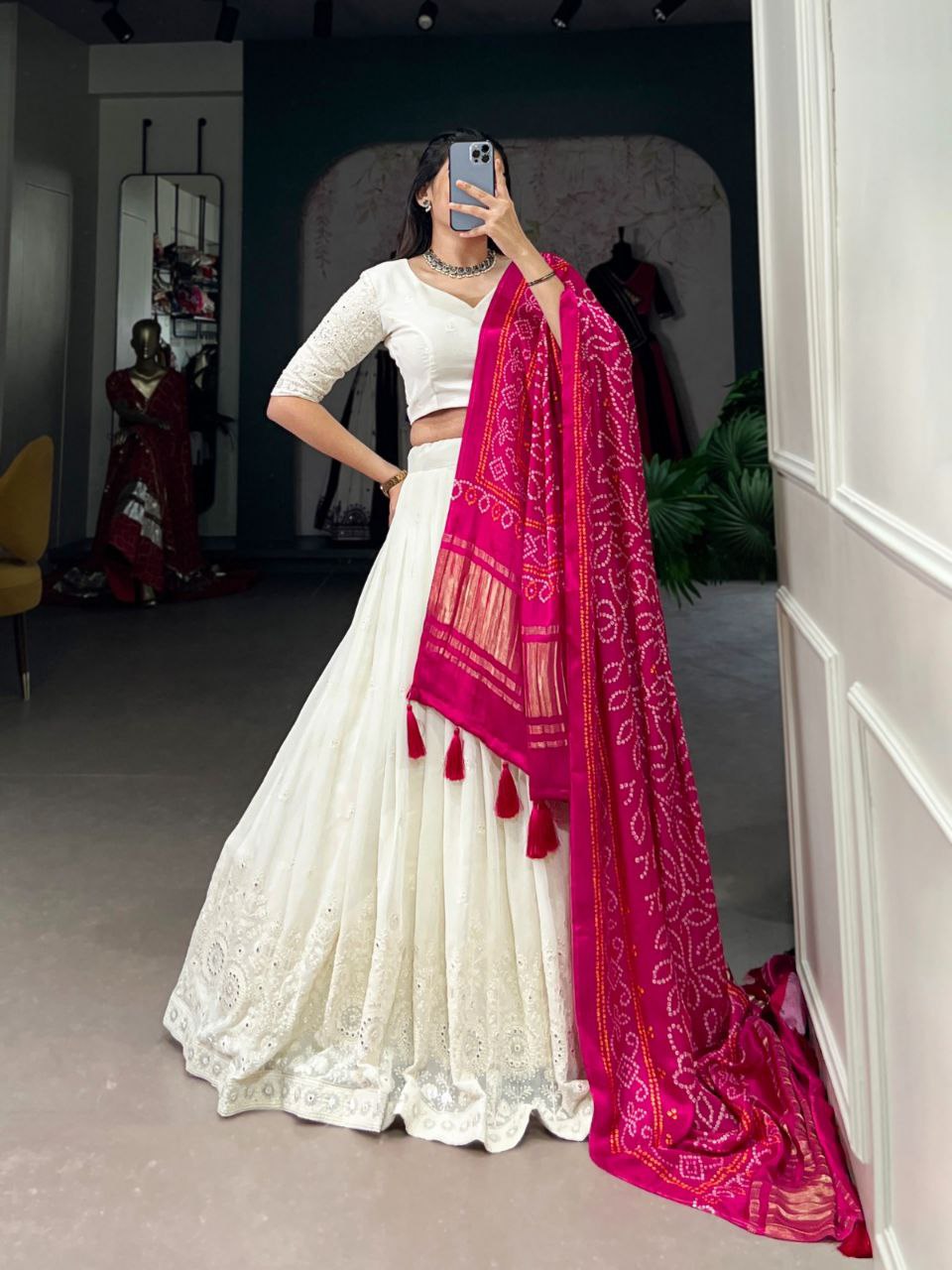 Lucknowi Paper Mirror Work Georgette Lehenga Choli with Gaji Silk Dupatta