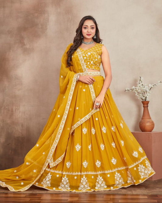 Premium Georgette Perl Lehenga with Embroidered Dupatta & Unstitched Blouse in Purple & Yellow