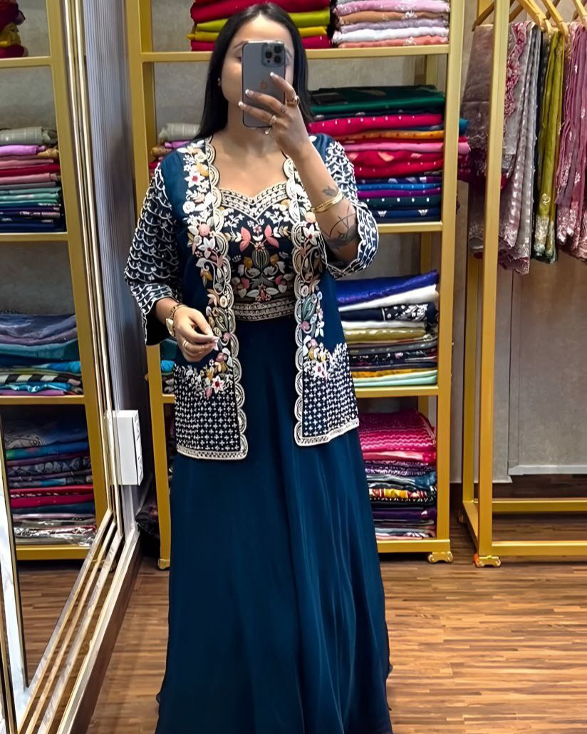 Elegant Party Wear Lehenga Set – Chinnon Silk with Embroidered Blouse & Jacket