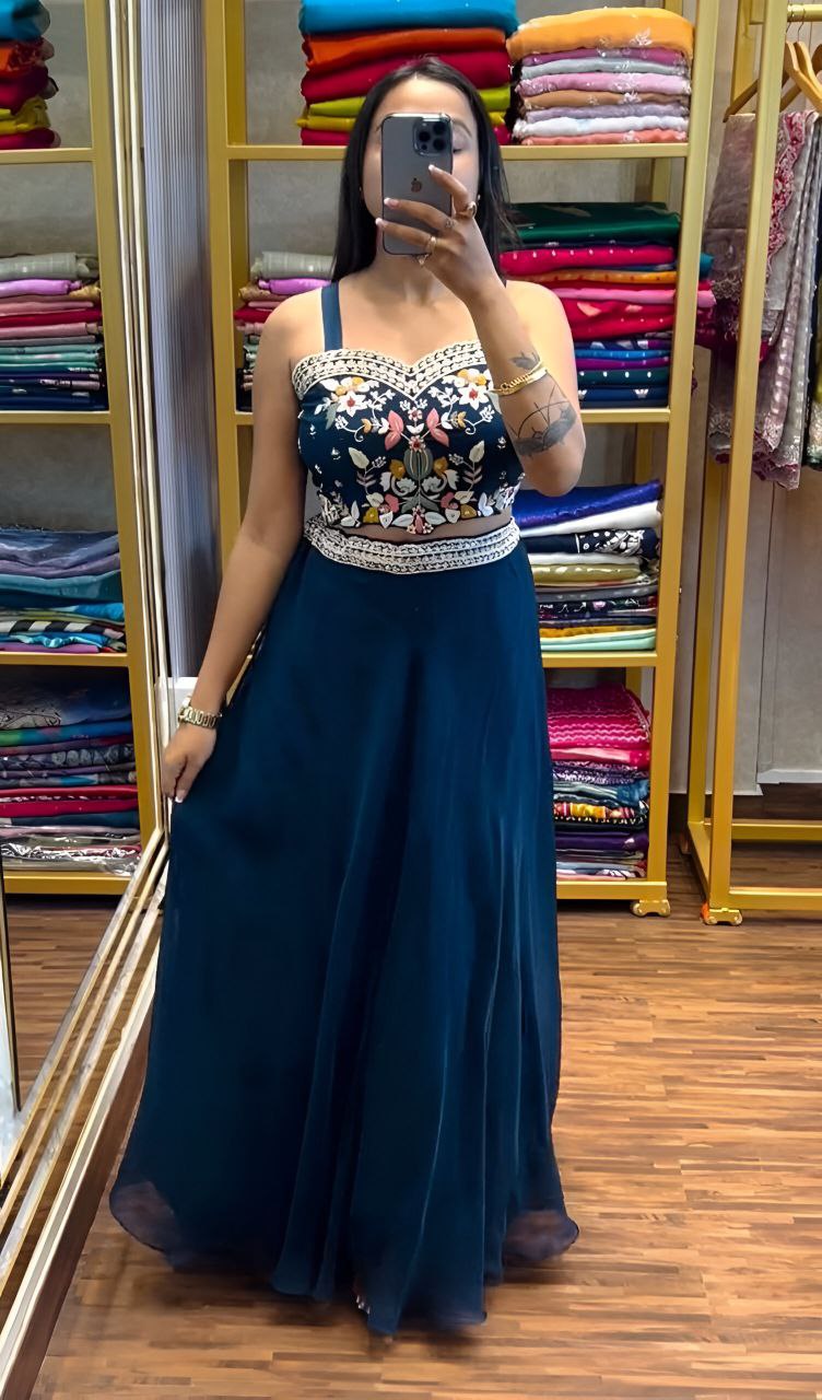 Elegant Party Wear Lehenga Set – Chinnon Silk with Embroidered Blouse & Jacket