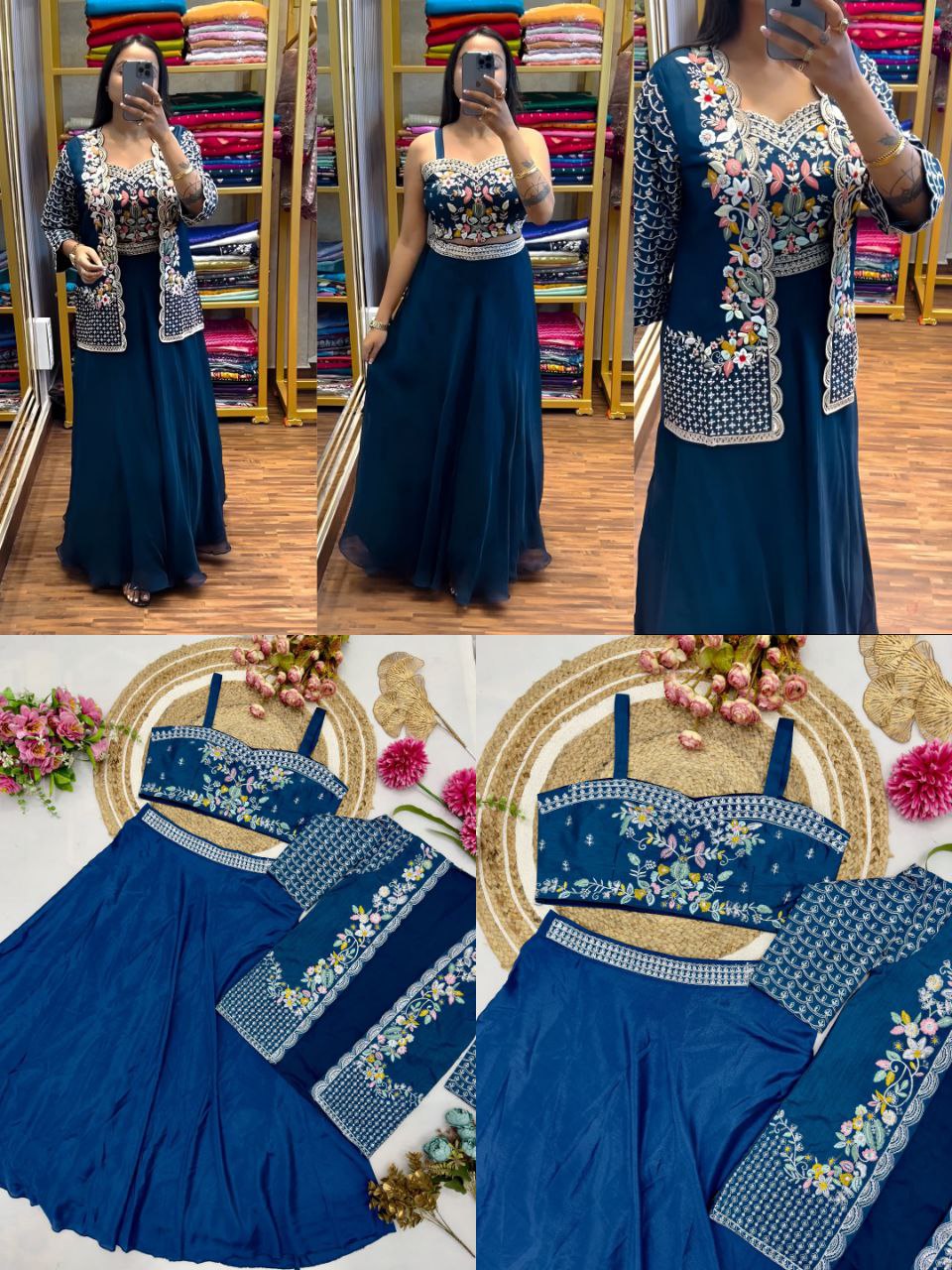 Elegant Party Wear Lehenga Set – Chinnon Silk with Embroidered Blouse & Jacket