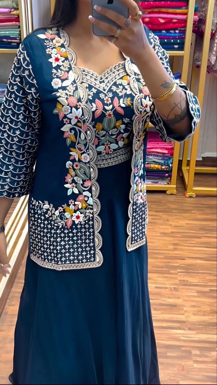 Elegant Party Wear Lehenga Set – Chinnon Silk with Embroidered Blouse & Jacket