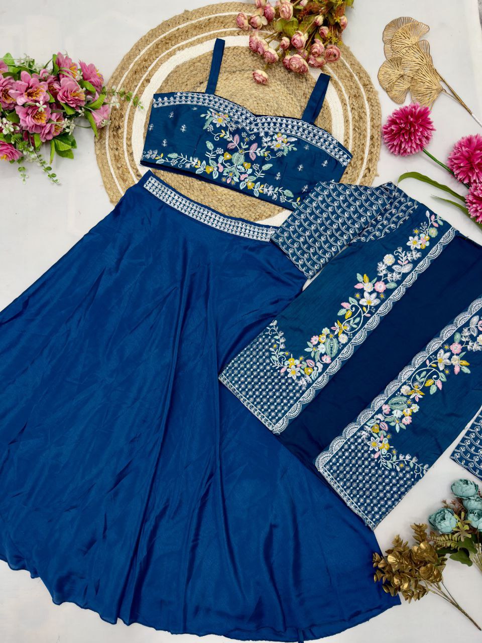 Elegant Party Wear Lehenga Set – Chinnon Silk with Embroidered Blouse & Jacket