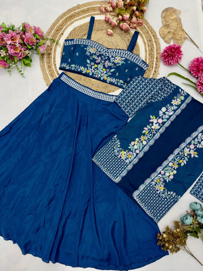 Elegant Party Wear Lehenga Set – Chinnon Silk with Embroidered Blouse & Jacket