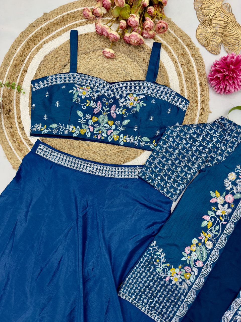 Elegant Party Wear Lehenga Set – Chinnon Silk with Embroidered Blouse & Jacket