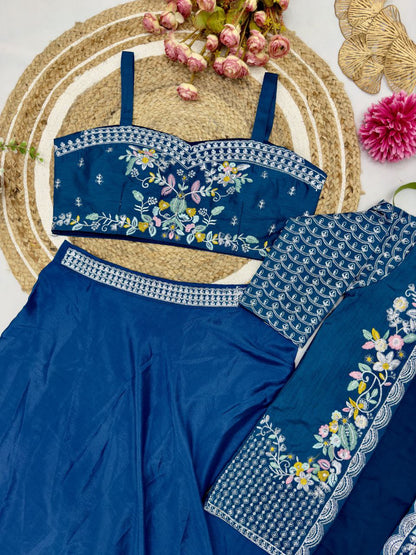 Elegant Party Wear Lehenga Set – Chinnon Silk with Embroidered Blouse & Jacket