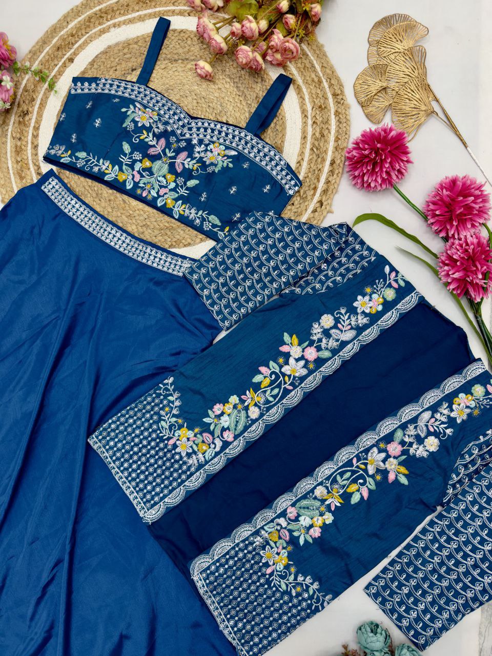 Elegant Party Wear Lehenga Set – Chinnon Silk with Embroidered Blouse & Jacket