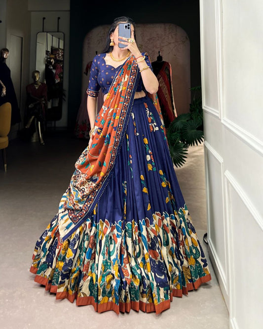 Tussar Silk Lehenga Choli – Kalamkari Print with Foil Work & Gotta Patti Dupatta