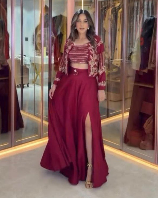 Trendy Indo-Western Outfit – Lahenga, Tube Blouse & Embroidered Shrug