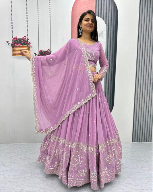 Embroidered Fox Georgette Lehenga Choli with Sequins & Dupatta – Premium Quality