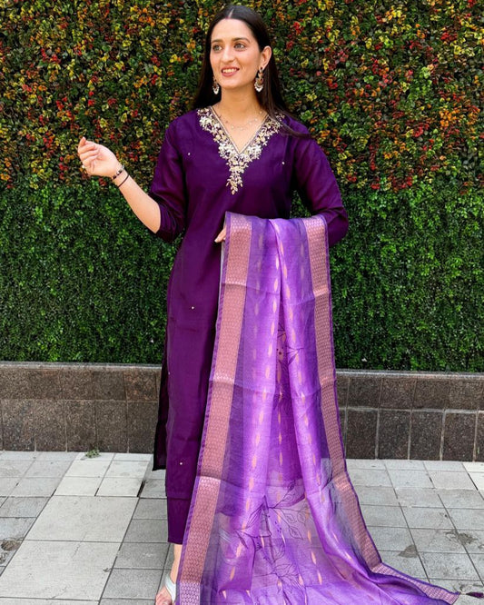 Premium Roman Silk Kurti Set with Chanderi Jacquard Dupatta