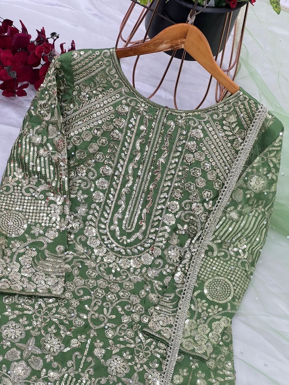 Designer Party Wear Chinnon Silk Plazzo Set with Heavy Embroidery