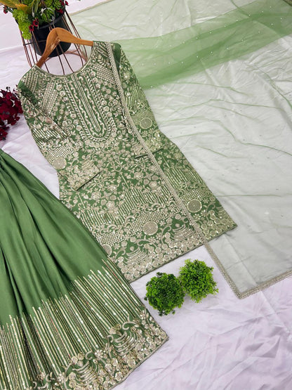 Designer Party Wear Chinnon Silk Plazzo Set with Heavy Embroidery