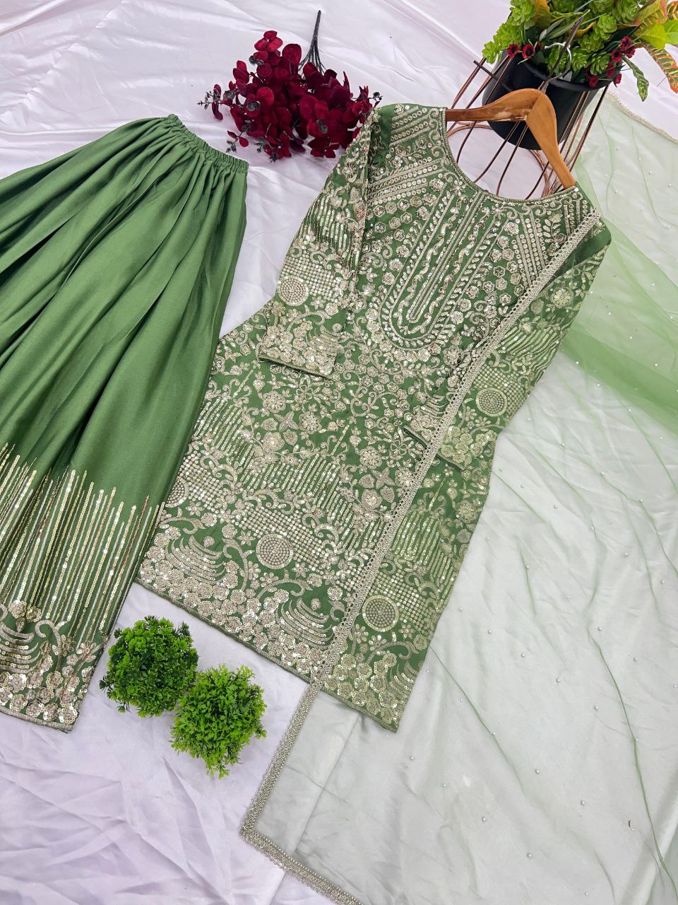 Designer Party Wear Chinnon Silk Plazzo Set with Heavy Embroidery