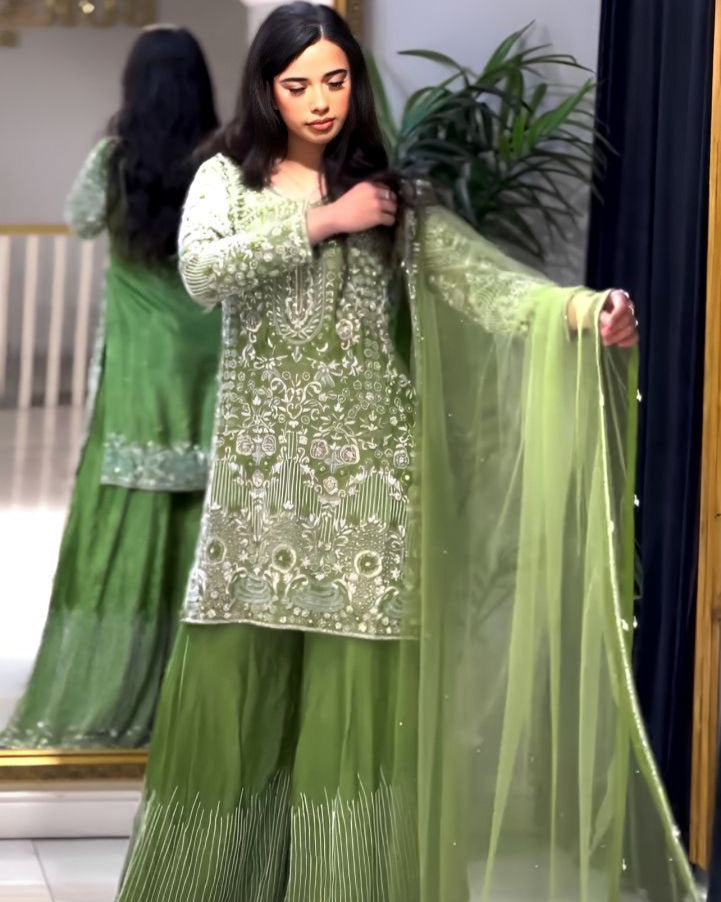 Designer Party Wear Chinnon Silk Plazzo Set with Heavy Embroidery