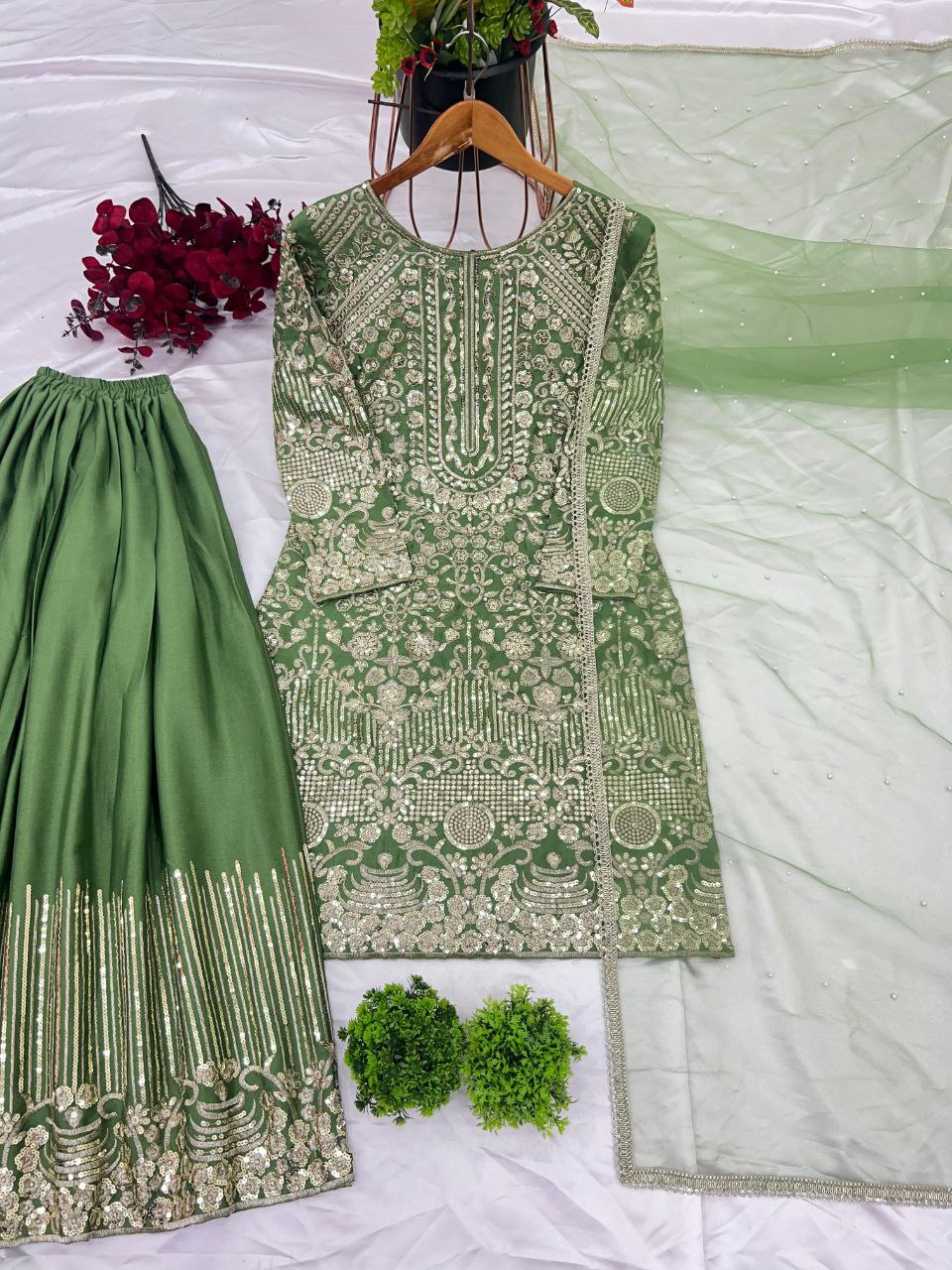 Designer Party Wear Chinnon Silk Plazzo Set with Heavy Embroidery